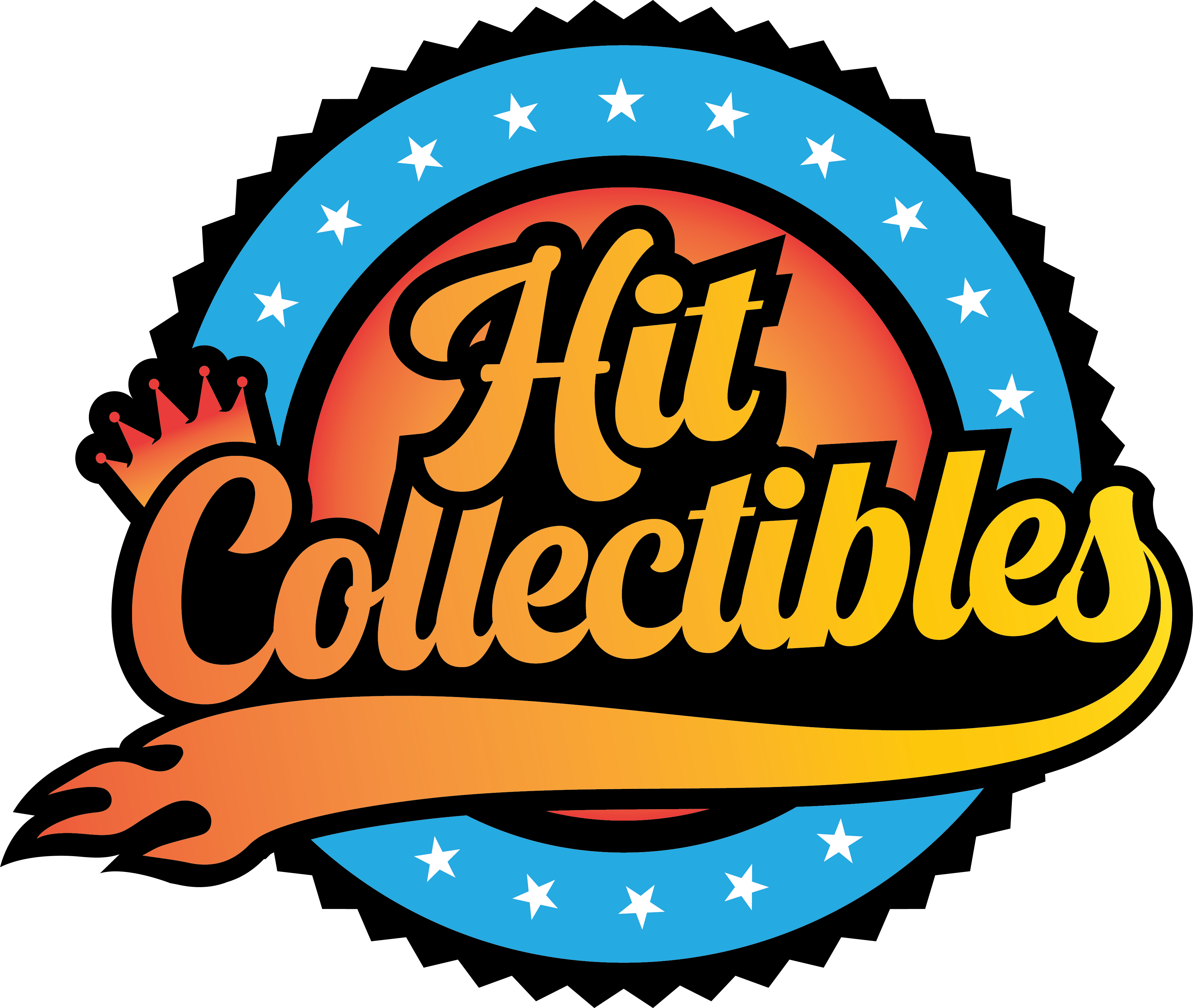 Hit Collectibles Logo, Hit over Collectibles with a crown on the C and Flame banner underlining Collectibles